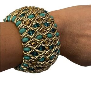 Wide Goldtone Wired Stretch Bracelet with Beads